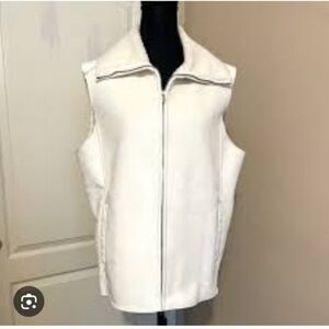 VTG Lauren Ralph Lauren L Cream Faux Suede Zip Up Vest Sherpa Lined Hood Preppy